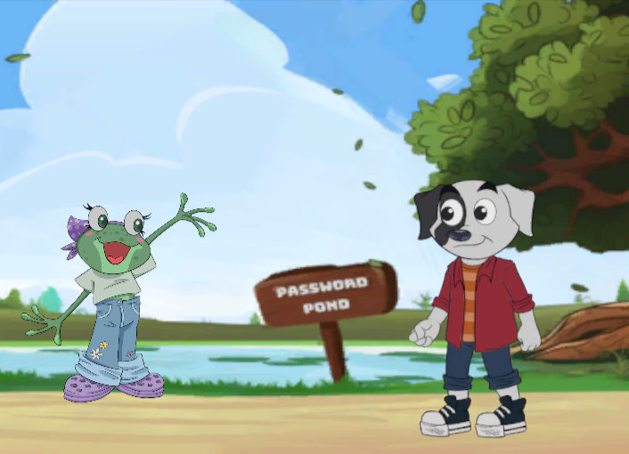 Cartoon dog and frog in front of sign that says 'Password Pond'